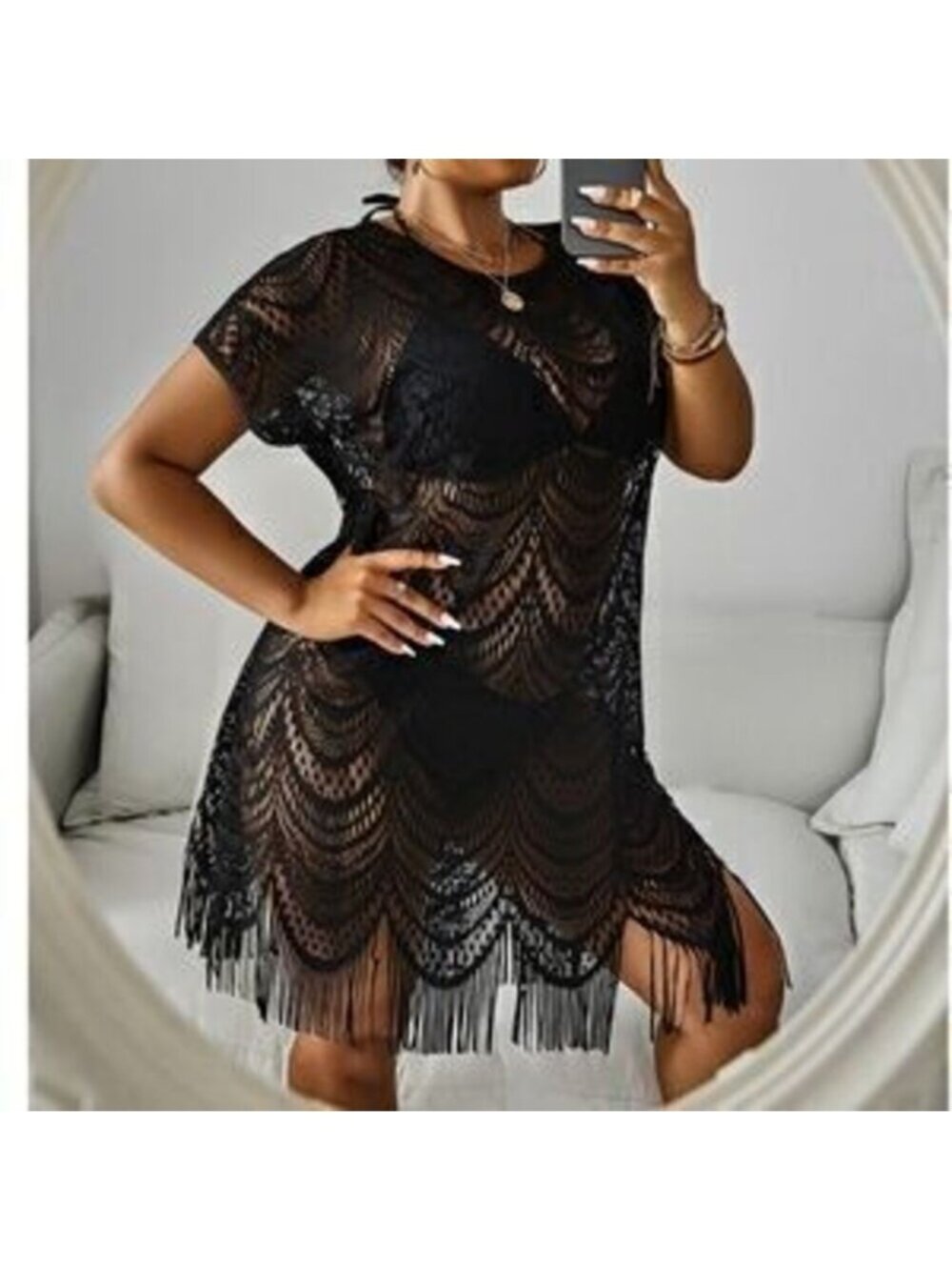 Plus Semi Sheer Short Sleeve Beach Cover up Dress